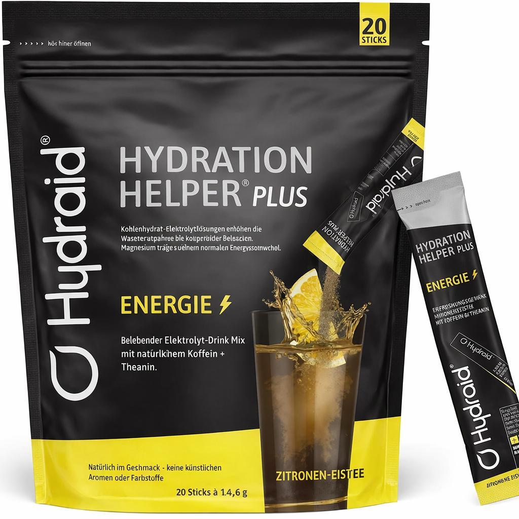 Hydraid® PLUS ENERGY Lemon Iced Tea – Elektrolyt Pulver mit Koffein – Mehr Energie & Mehr Fokus – 20 Sticks mit Grüntee Extrakt und Theanin
