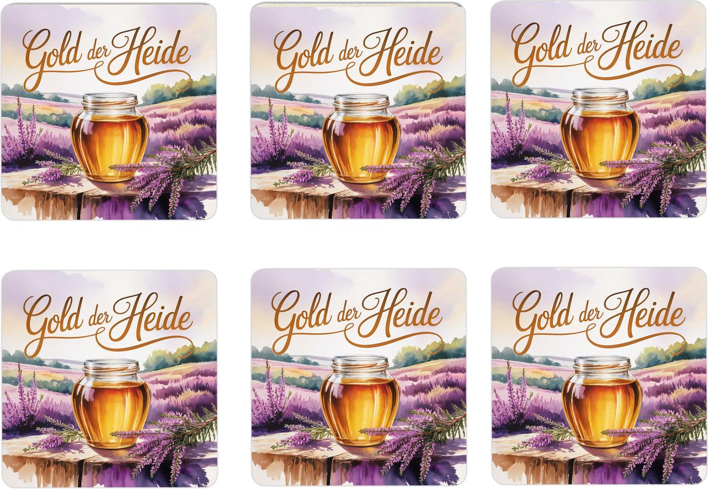 speecheese Lüneburger Heide Heidehonig 6er Set Untersetzer aus Holz - Gold der Heide