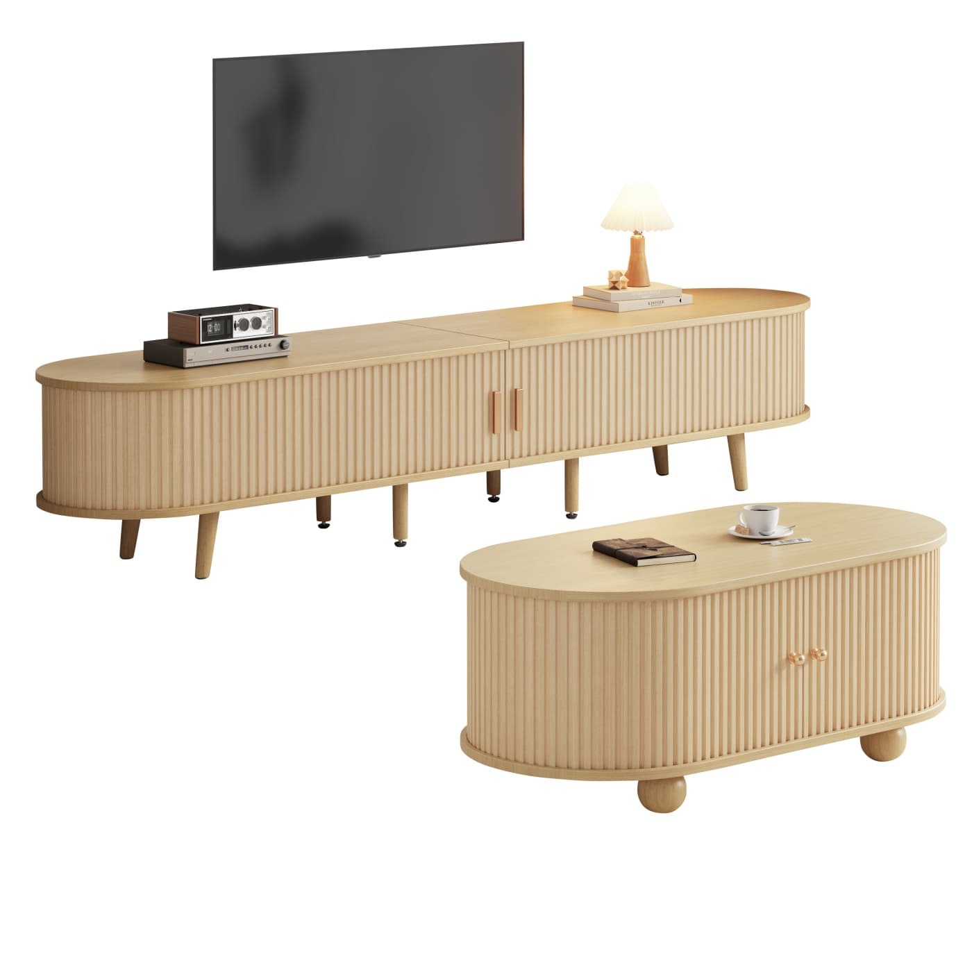 Wohnzimmer-TV-Schrank mit Stauraum + Couchtisch-Kombination, ovale Kombination in Originalholzfarbe, MDF