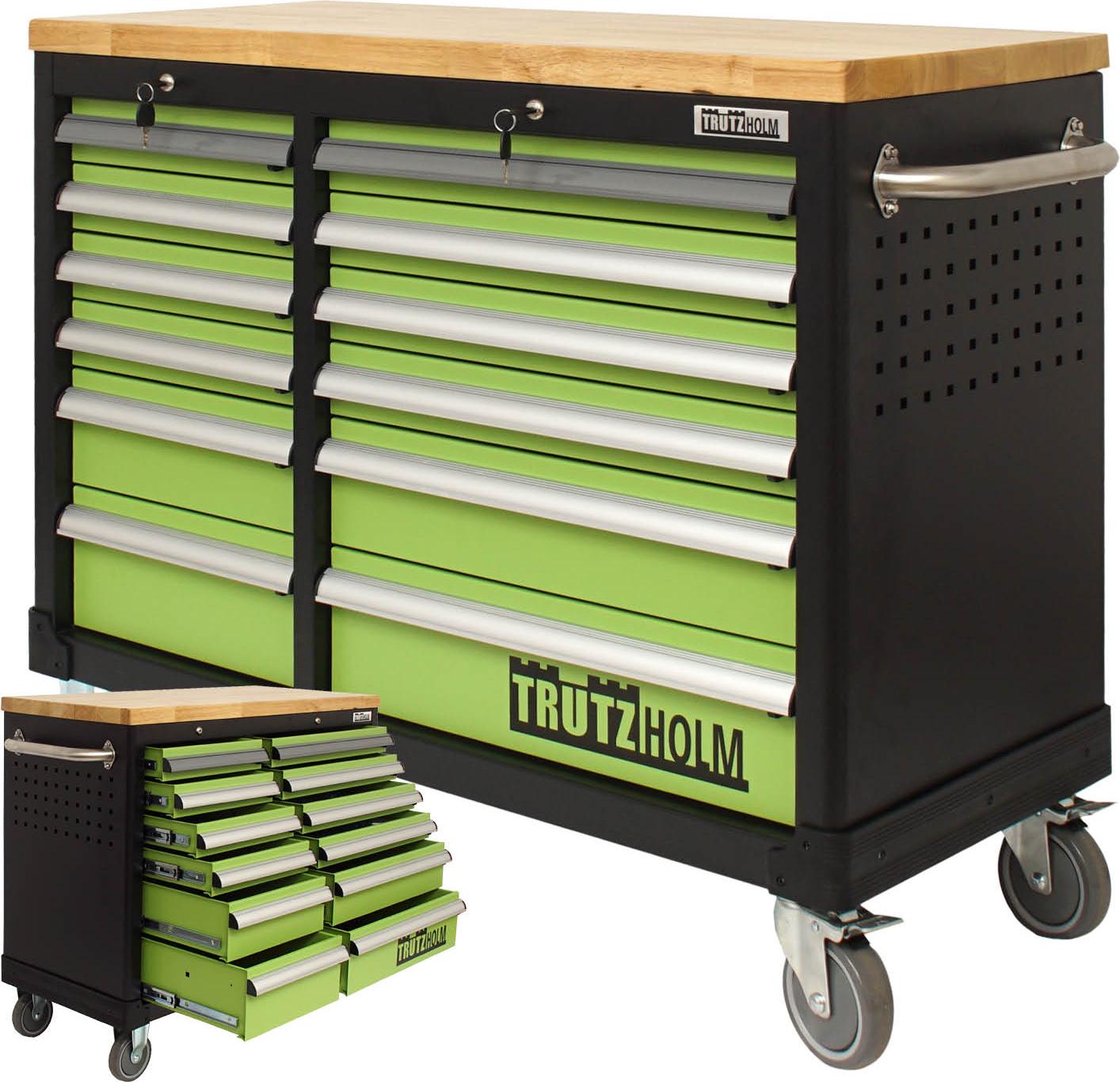 Werkstattwagen DELUXE 12 Schubladen 123 cm Breite mit massiver Arbeitsplatte ohne Werkzeug