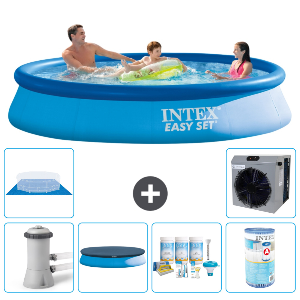 Intex okrúhly nafukovací bazén Easy Set - 366 x 76 cm - modrý - vrátane krytu čerpadla - balík na údržbu - filter - podložka - tepelné čerpadlo