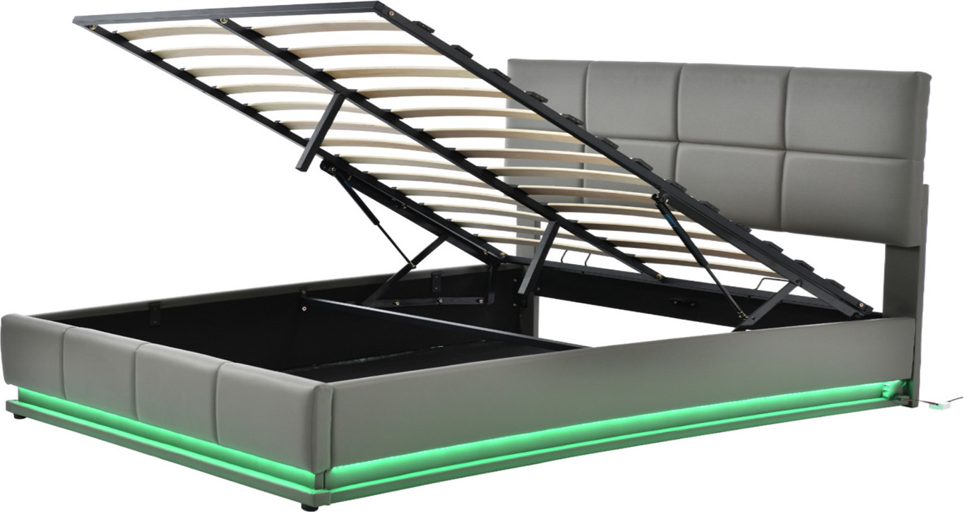 Polsterbett,Doppelbett mit höheverstellbarem Polsterkopfteil,hydraulischem Stauraum,Jugendbett,160 x 200cm,mit LED,Metalllattenrost und Bettkasten
