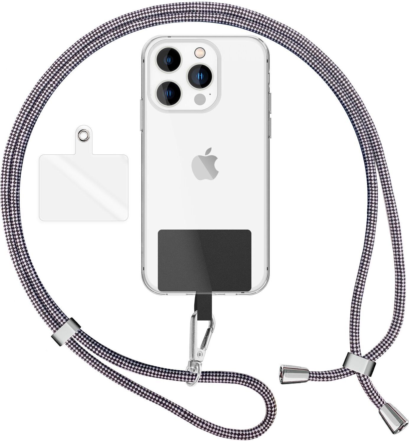 NALIA Univerzálna šnúrka s 2 podložkami a karabínkou - 160 cm reťaz na mobilný telefón - Black White Cruella