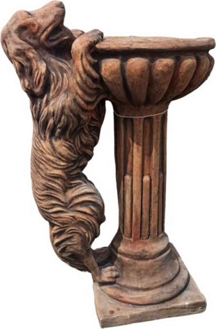 Casa Padrino Barock Vogeltränke mit dekorativer Hunde Skulptur Antik Braun H. 100 cm - Garten Deko Stein Vogelbad - Garten & Terrassen Deko Accessoires im Barockstil