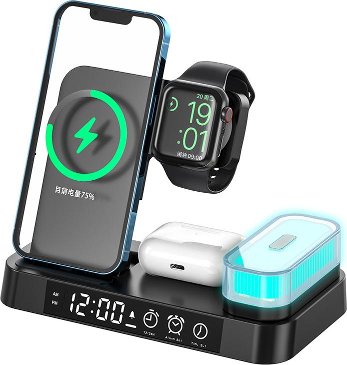 All Curmp Kabellose Ladestation f¹r sicheres und schnelles Laden, faltbar und vielseitig einsetzbar mit einstellbarem mehrfarbigem Nachtlicht, plus LED-Wecker mit Frontdisplay (schwarz)