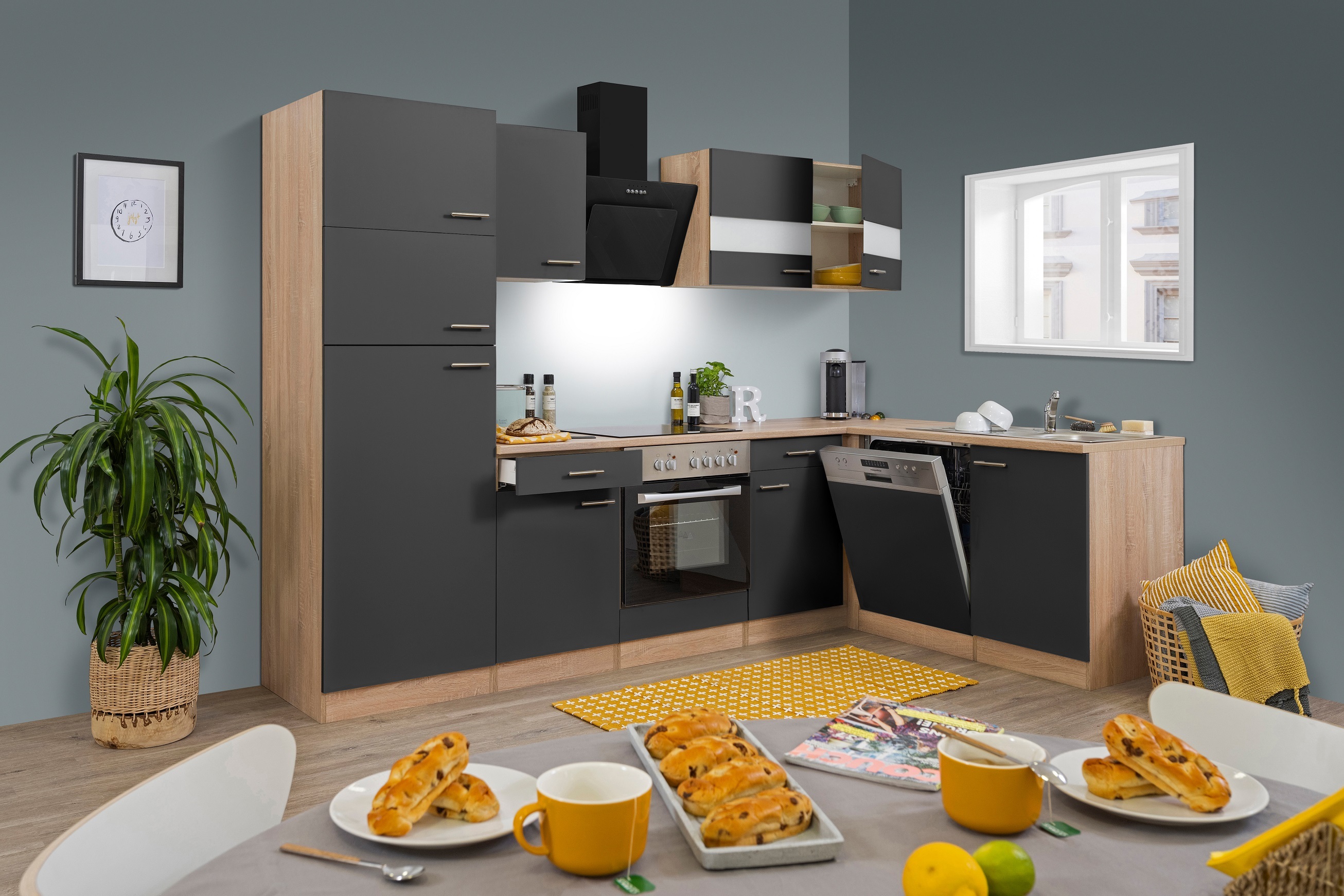 Küche Küchenzeile Leerblock Winkelküche Eiche Grau Merle 280x172 cm Respekta