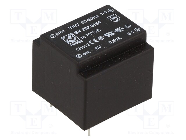 TNE Transformator: überzogen; 0,5VA; 230VAC; 6V; 83mA; Montage: PCB BV 202 0154 PCB-Transformatoren 8210