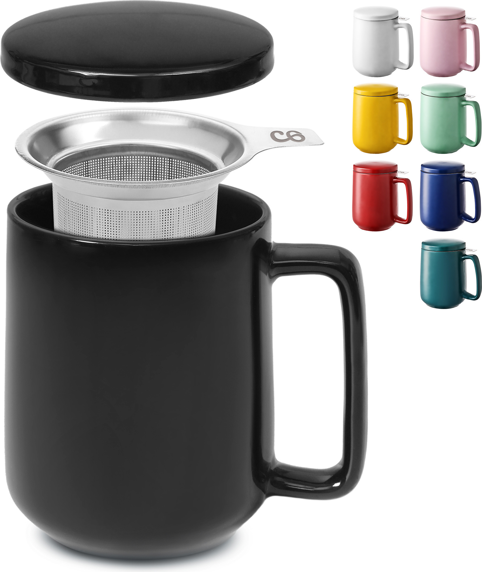 Tazza Da Caffè In Ceramica Con Coperchio In Legno E Cucchiaio Dorato – 400 Ml, Grande, Per Ufficio E Casa, Colore Blu