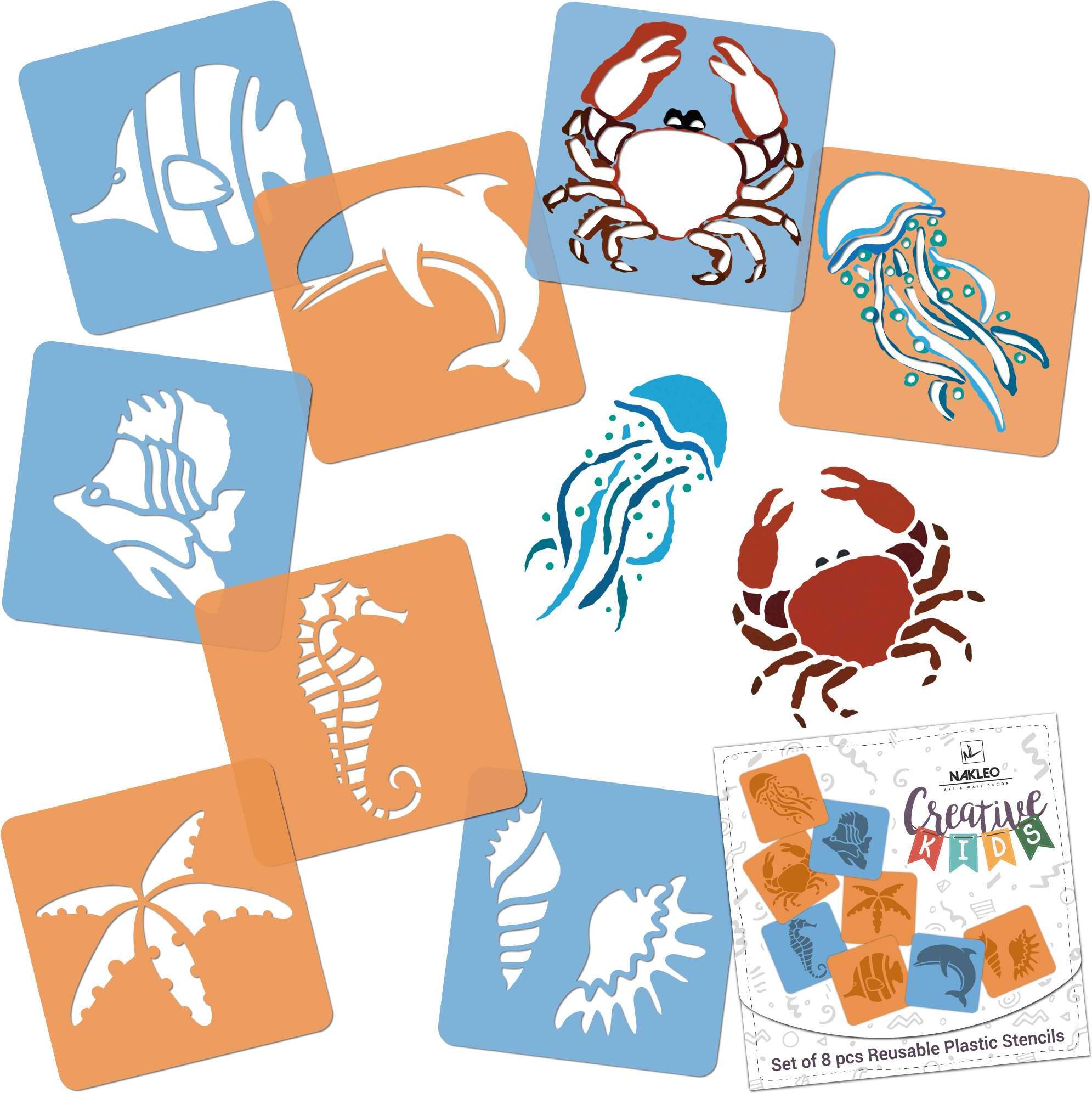 Nakleo Schablonen Malen für Kinder, 8 Stück Set 15x15 cm Meer Tiere, Kinder Kreatives Zeichenschablonen, Kunststoff Wiederverwendbar Malschablone SZA-CRE-005