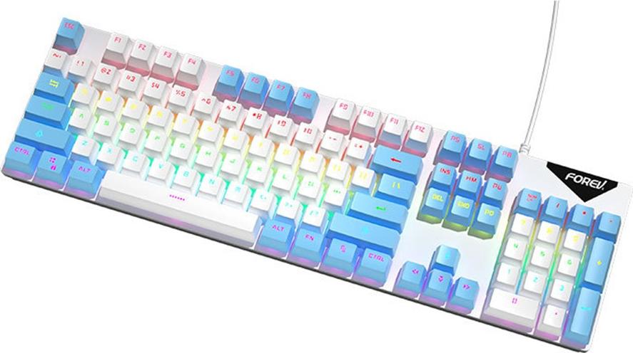 INF Mechanische Tastatur mit Kabel, Regenbogenbeleuchtung, Blaue Schalter, 104 Tasten Weiß + Blau 395077