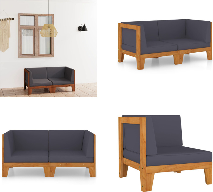 vidaXL 2 Sitzer Sofa mit Dunkelgrauen Kissen Akazie Massivholz - 2-Sitzer-Sofa - 2-Sitzer-Sofas - Holz-2-Sitzer-Sofa - Holz-2-Sitzer-Sofas