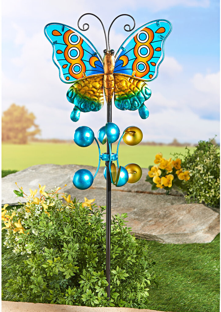 3 Pagen Windspiel mit Schmetterling für den Garten in schillernde Farben, Kugelllager 35569