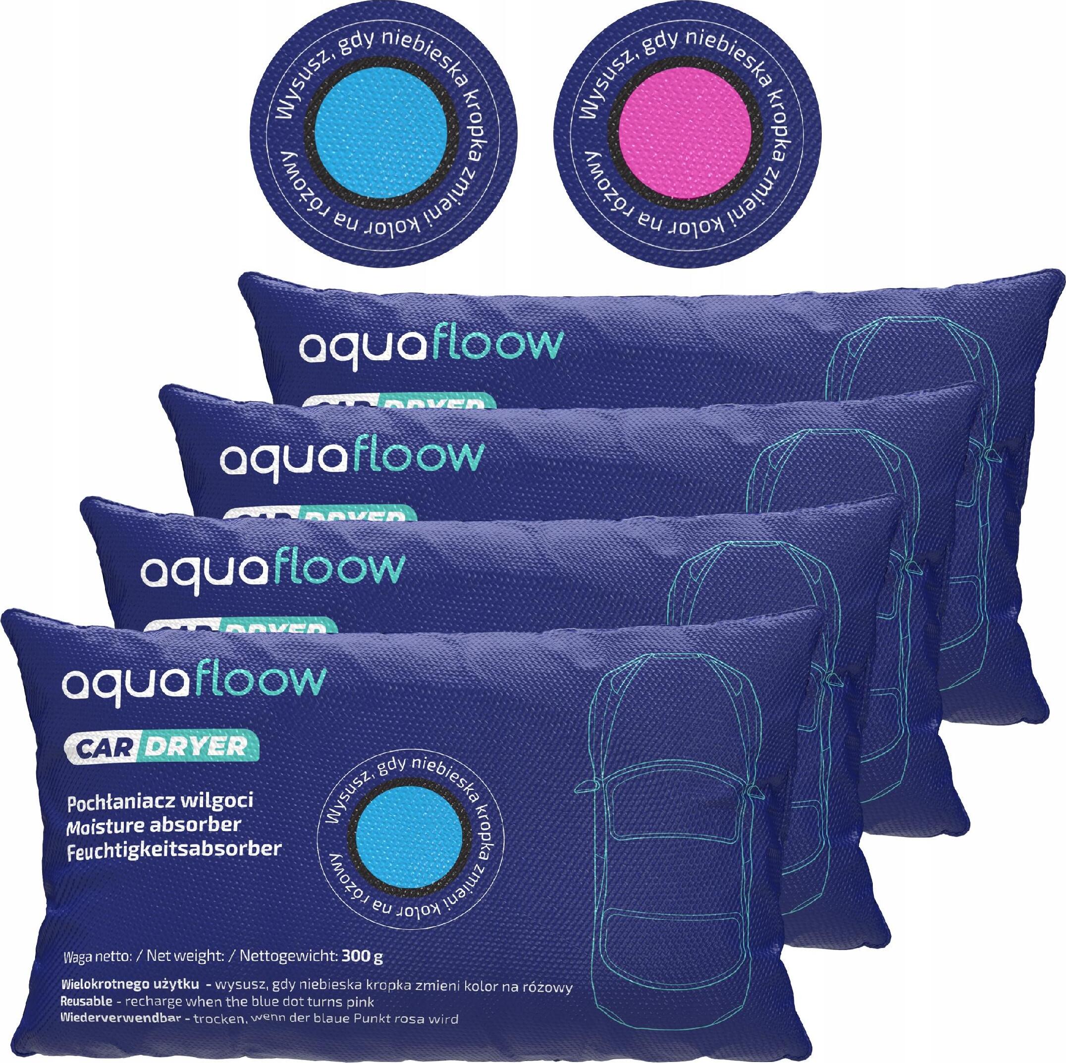 Aquafloow 4 Stück 300g Autofeuchtigkeitsabsorber mit Indikator - Wiederverwendbar, Siliziumdioxid 4_AF63-300