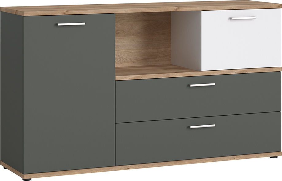 Lomadox Sideboard mit Beleuchtung in Eiche Nb. mit weiß und grau TOMAR-129, B/H/T ca. 150/86/40 cm TOMAR-129-SET7