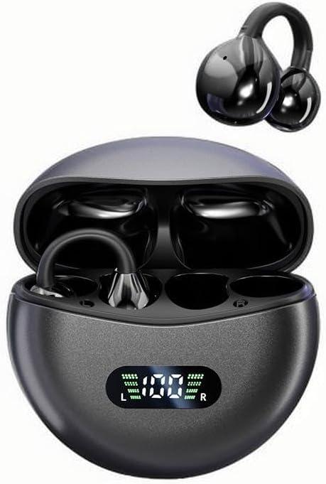 BEVCEFCC Open Ear Kopfhörer Bluetooth 5.4 Clip On Kopfhörer Sport Luftleitung Knochenschall Kopfhörer Sport mit Ohrclip, Digitale Anzeige-LED,für Joggen/Laufen