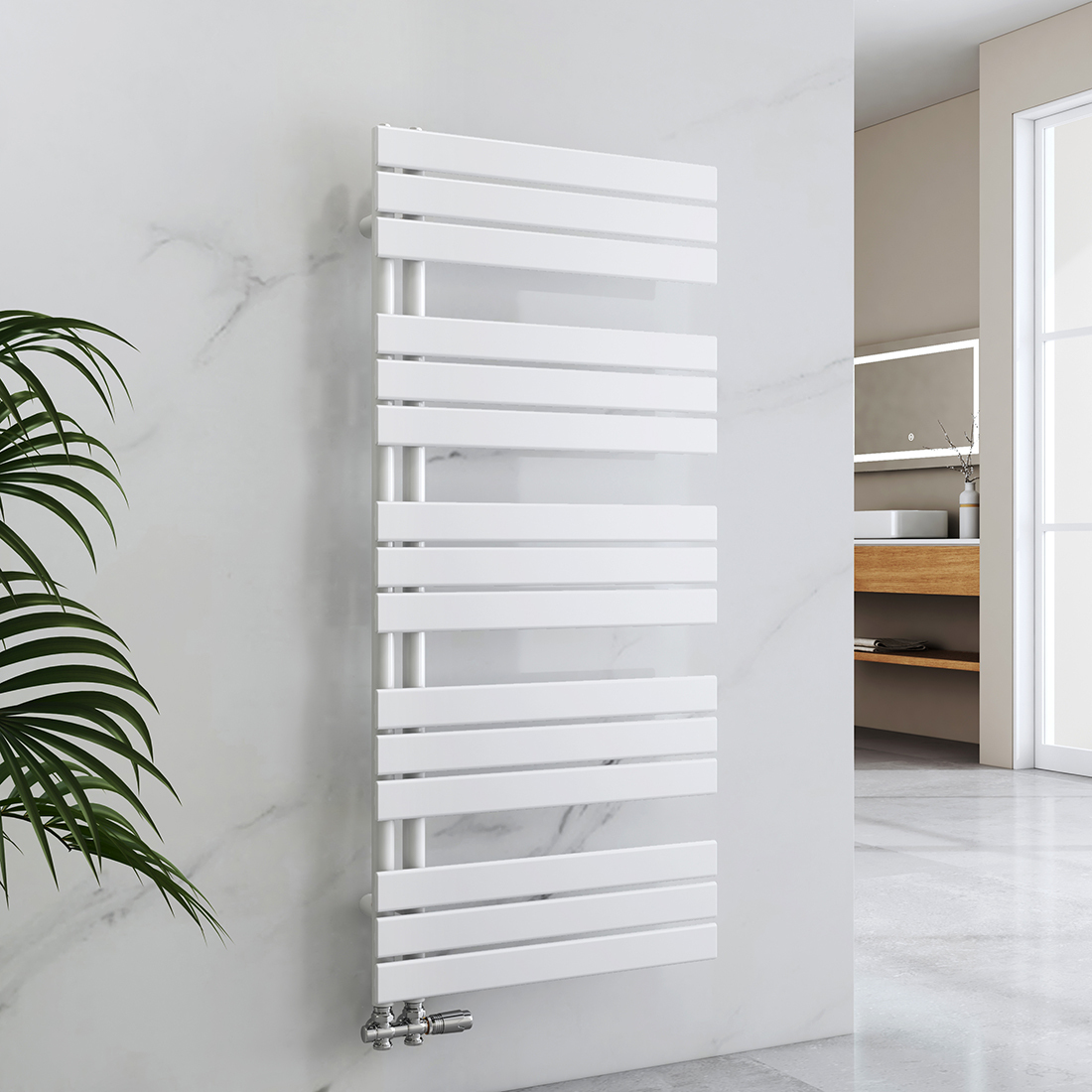 Vyhrievaný držiak na uteráky EMKE Kúpeľňový radiátor Panelový radiátor Bočné pripojenie Nástenný ohrievač vody 1320 x 600 mm Biely