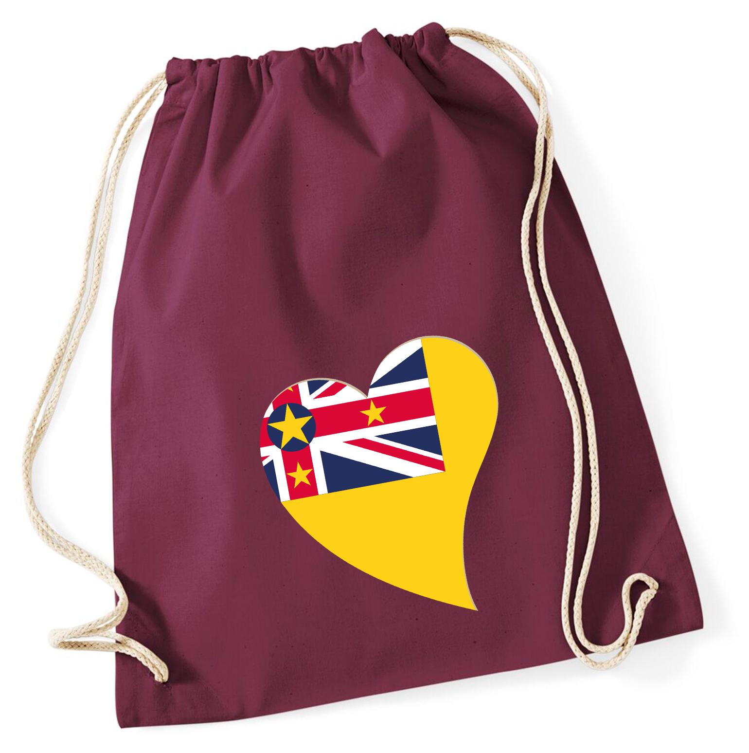 Hellweg Druckerei Huuraa Turnbeutel Niue Flagge Herz 12 Liter Burgundy Baumwolle Rucksack Geschenkidee 6911TB-BUR