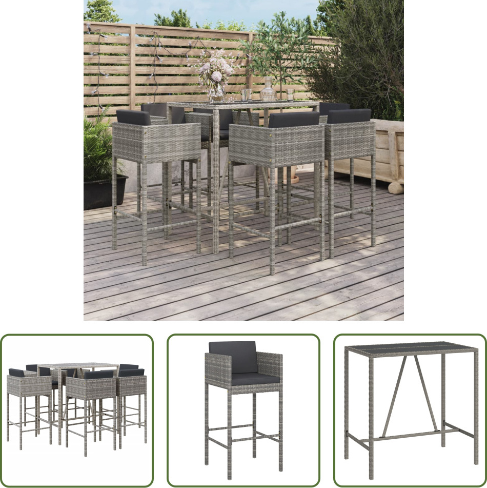 The Living Store 7-dielny záhradný barový set s vankúšmi sivý polyratan