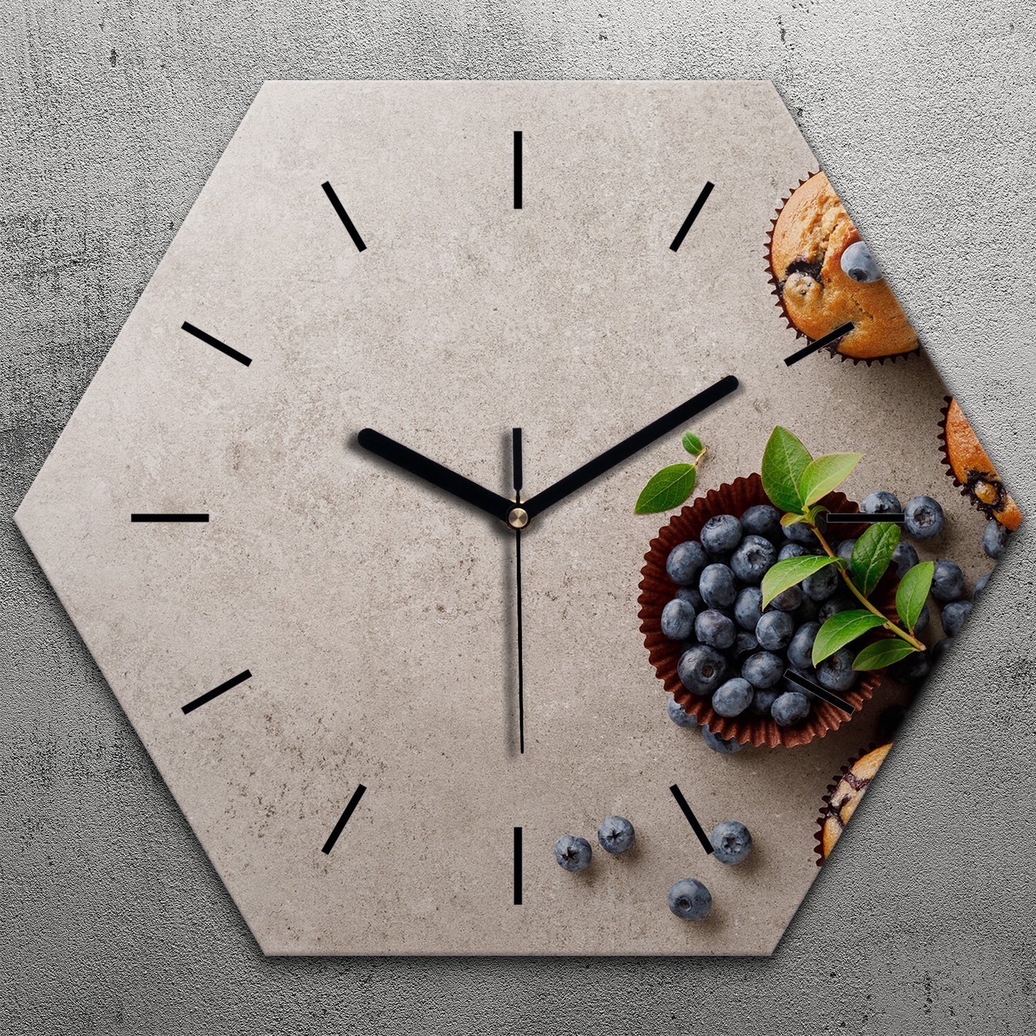 TastyPrints Uhr hexagonal 40 cm Glas Geräuschlos schwarze Zeiger - Blaubeere Muffins zshex-40-c-1468857779