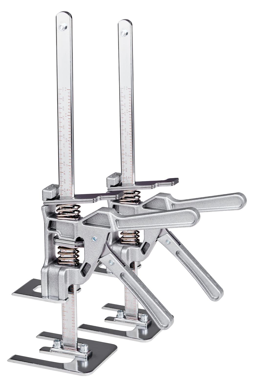 SucceBuy Arbeitssparender Armwagenheber 2er-Set, 100 kg Tragkraft, Hebehöhe bis 18 cm, Handhebewerkzeug mit magnetischer Wasserwaage, höhenverstellbar, geeignet für Türen, Fenster, Möbel und Holzarbeiten, Silber