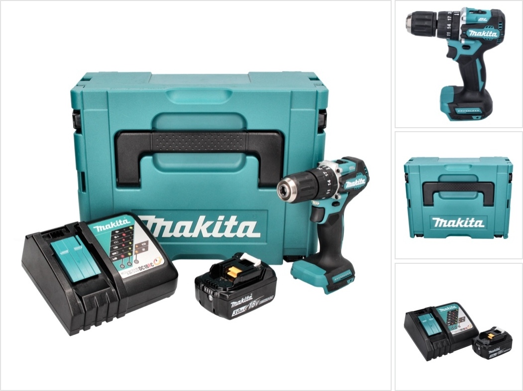Akumulátorová príklepová vŕtačka Makita DHP 487 RF1J 18 V 40 Nm bez kefiek + 1x akumulátor 3,0 Ah + nabíjačka + Makpac