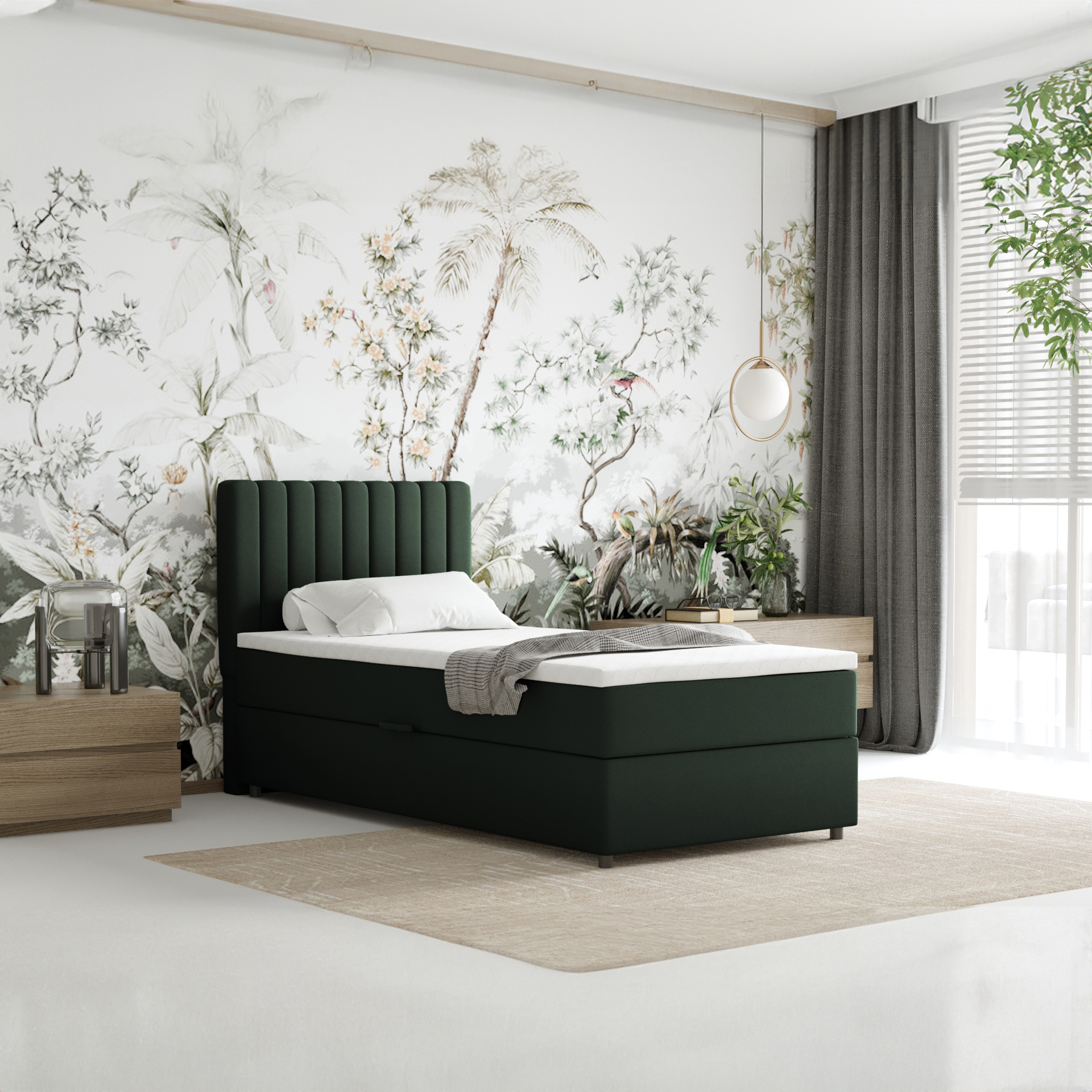 Boxspringbett 90x200 EVEREST, mit Topper, mit Bettkästen, Einzelbett, Dunkelgrün, Panda Möbel EVEREST_90_FAN39