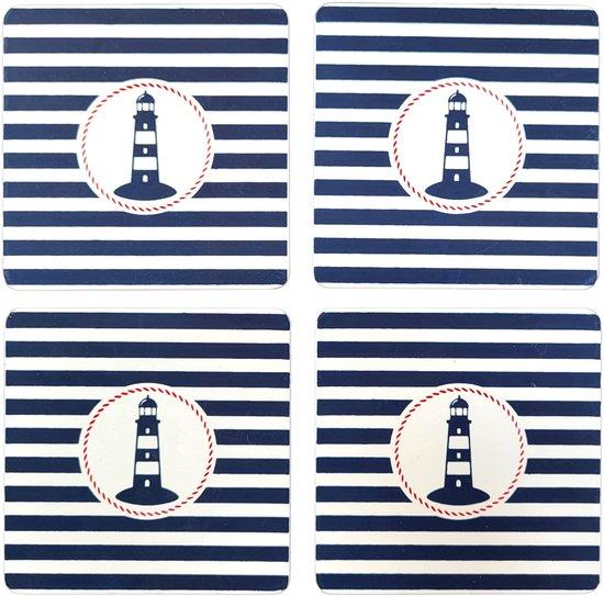 OEM Maritieme Houten Onderzetterset, 4 Stück, 9x9 cm, Glas, Blauw und Weiß 2026