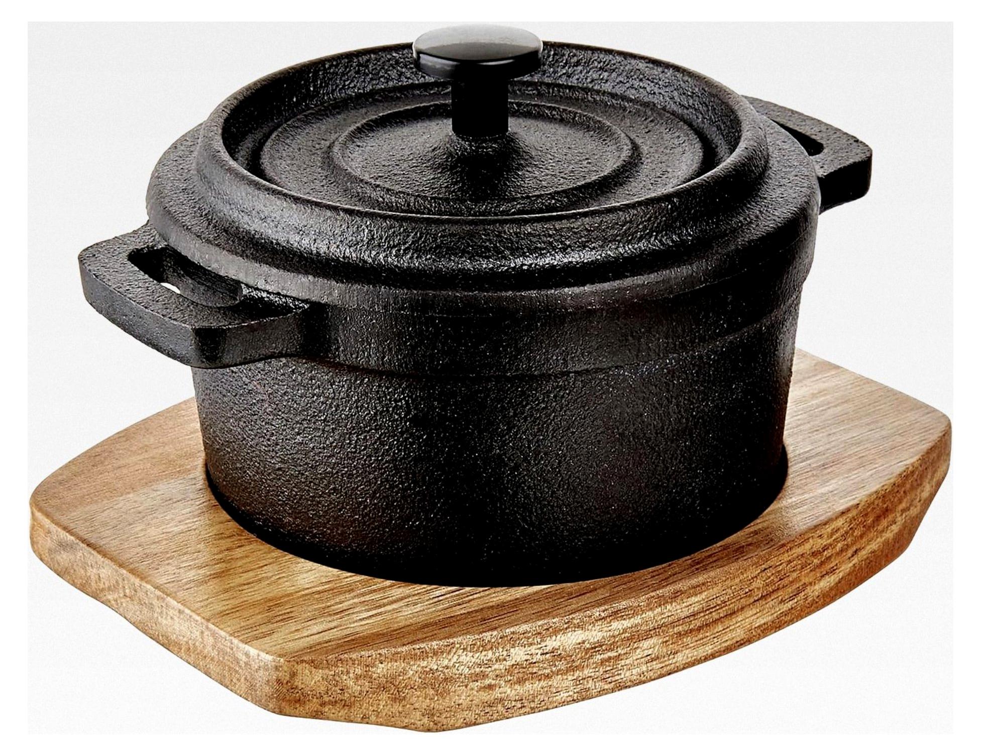 Markenlos HOT IRON Mini-Serviertopf mit Holzuntersetzer 14 x 11 cm