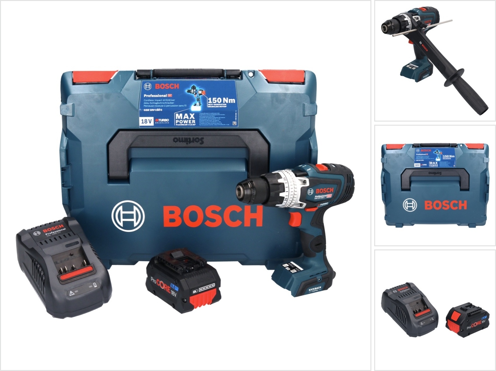 Bosch GSB 18V-150 C Profesionálna akumulátorová príklepová vŕtačka 18 V 150 Nm Biturbo Brushless + 1x akumulátor ProCORE 8,0 Ah + nabíjačka + L-Boxx