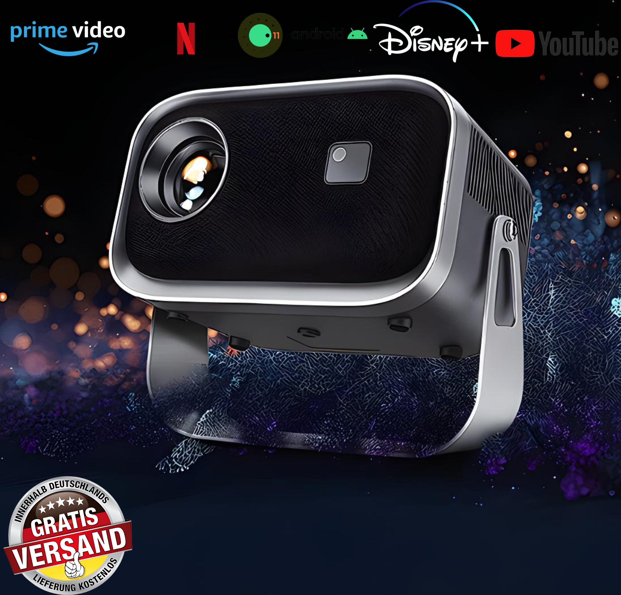 Inteligentný 4K projektor so systémom Android, inteligentný projektor s elektrickým zaostrovaním/trapezoidnou korekciou, Full HD 1080P, WiFi 6, Bluetooth, kompatibilný so smartfónom - domáce kino