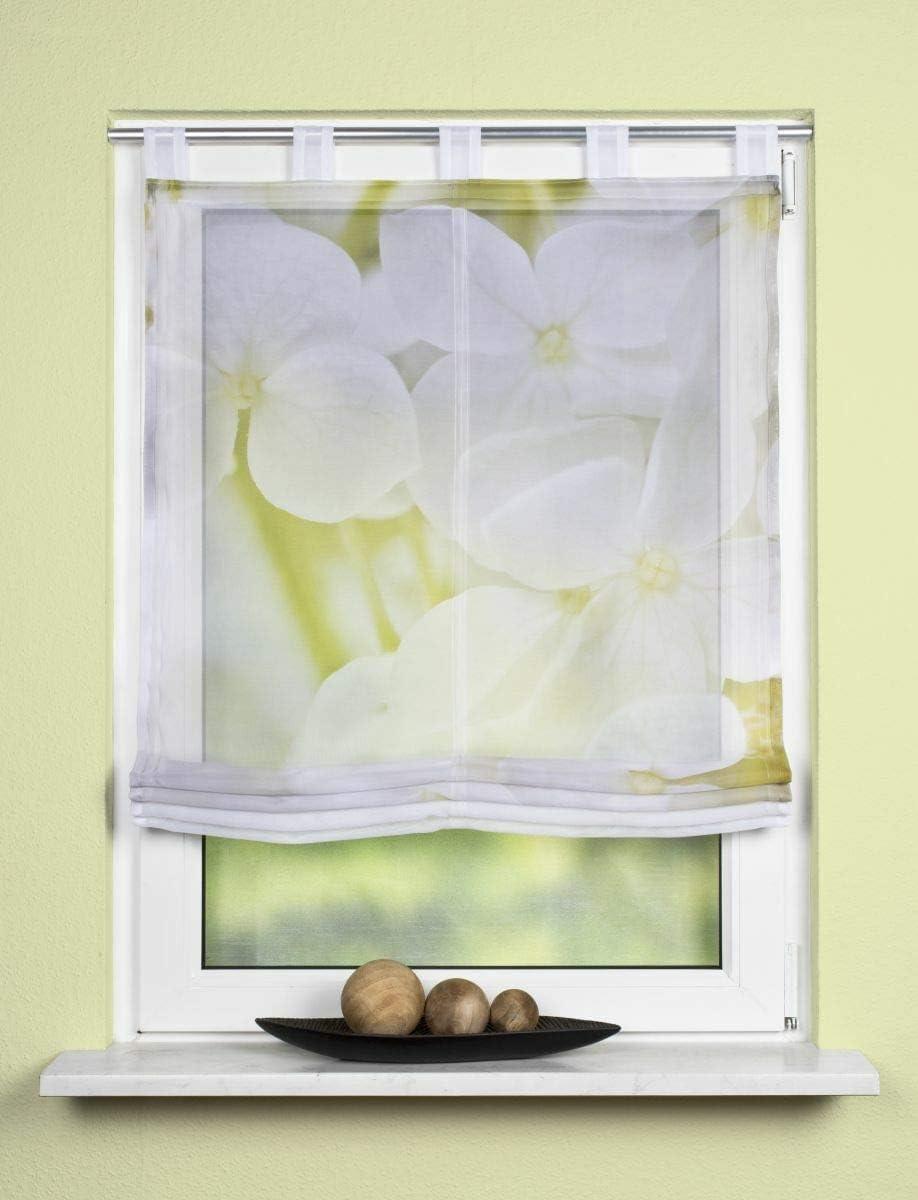 Markenlos Rollo mit Schlaufen, Raffrollo, Vorhang für Fenster, Weiß, Grün, Blumenmuster, halbtransparent, 1-teilig, 80 x 140 cm