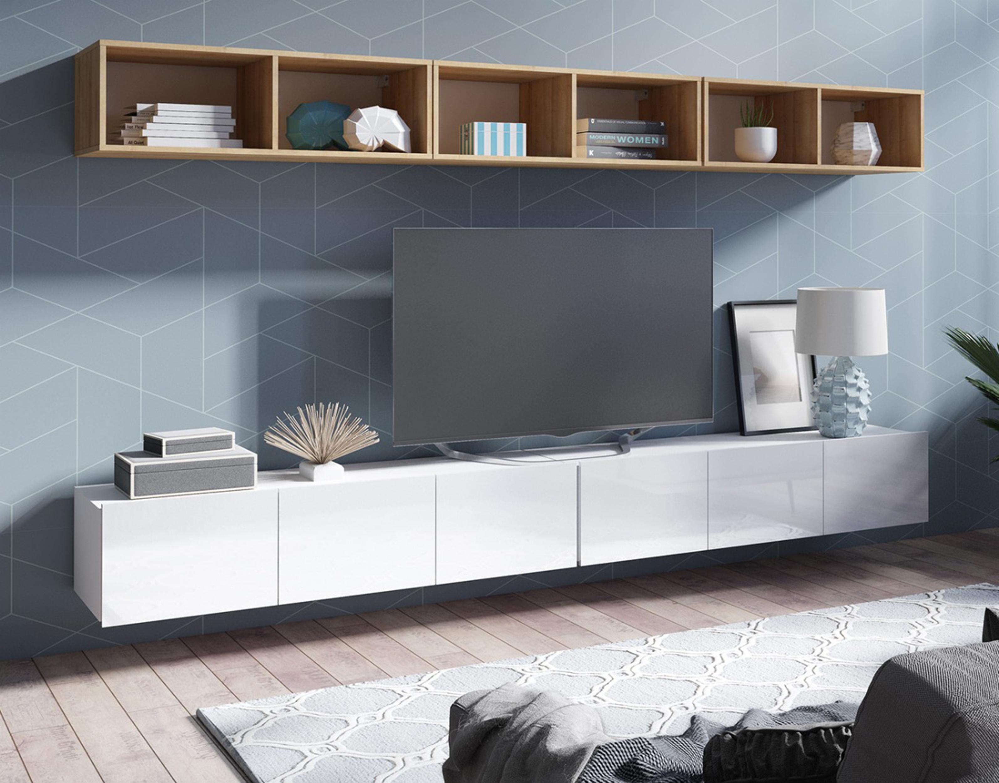 AX LIVING Wohnwand Modern Kossana 33 – 300 cm Breite Goldene Eiche/Weiß N1732