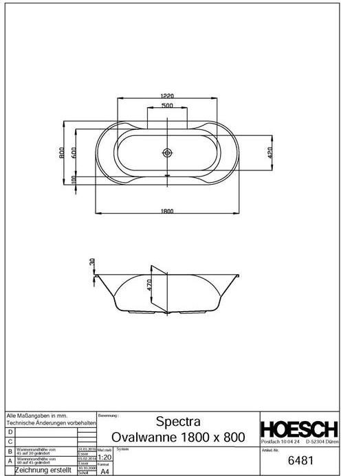 Hoesch Spectra Ovalbadewanne 1800 x 800 mm weiß - 6481.010