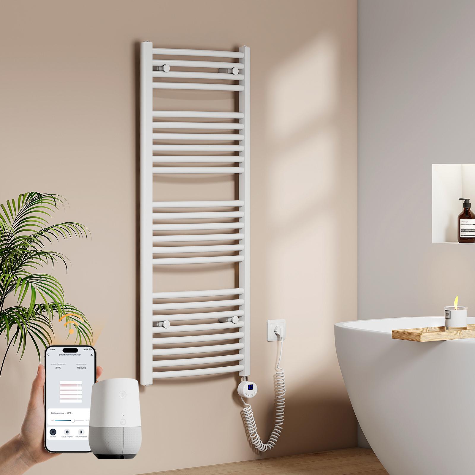 EMKE Elektrický kúpeľňový radiátor na uteráky zakrivený 500/600W Wifi ovládanie Inteligentný termostat 120X50cm Biely ohrievač uterákov