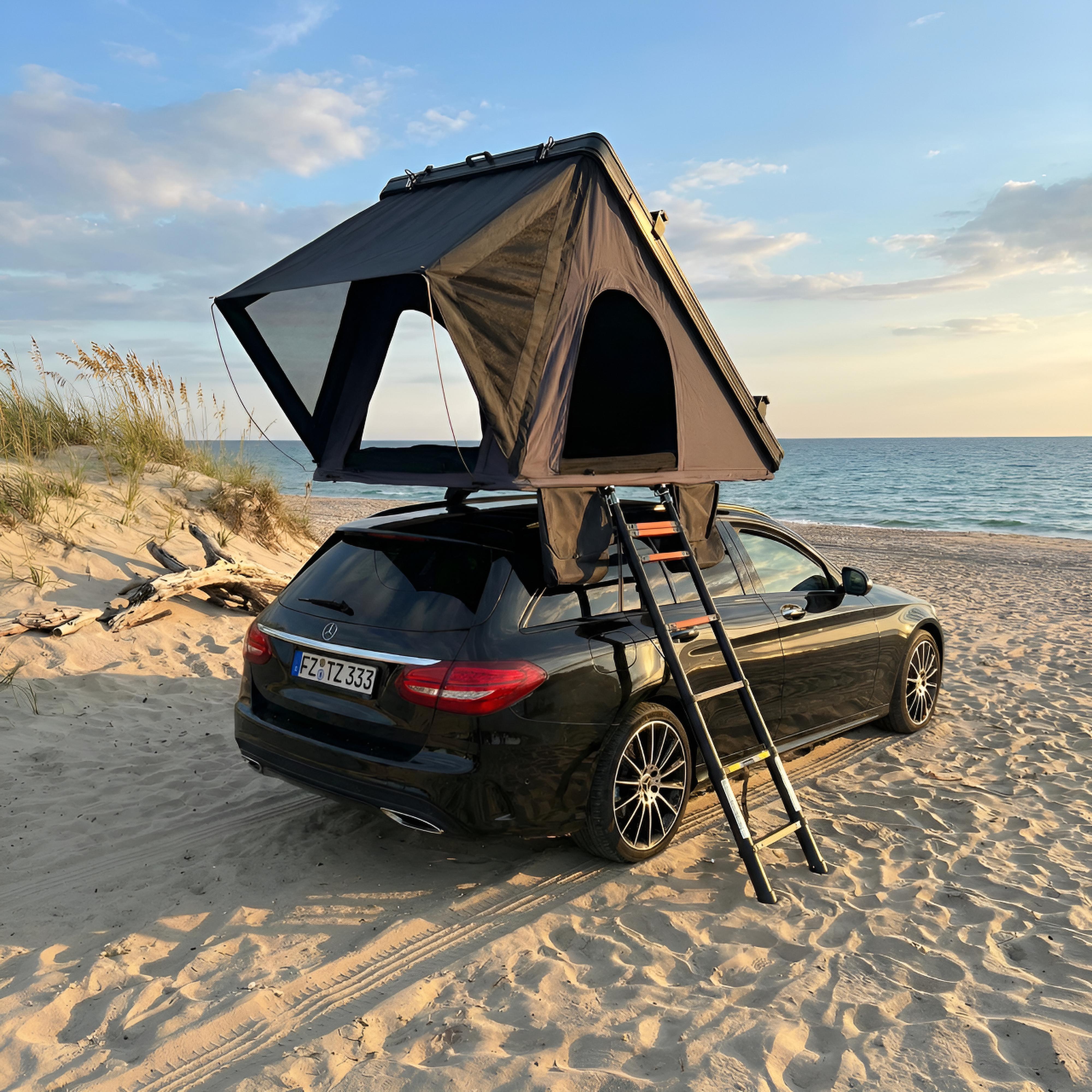 TZIPower Dachzelt Autodachzelt Zelt Auto Alu Hardcase Schwarz/Grau LED, Träger