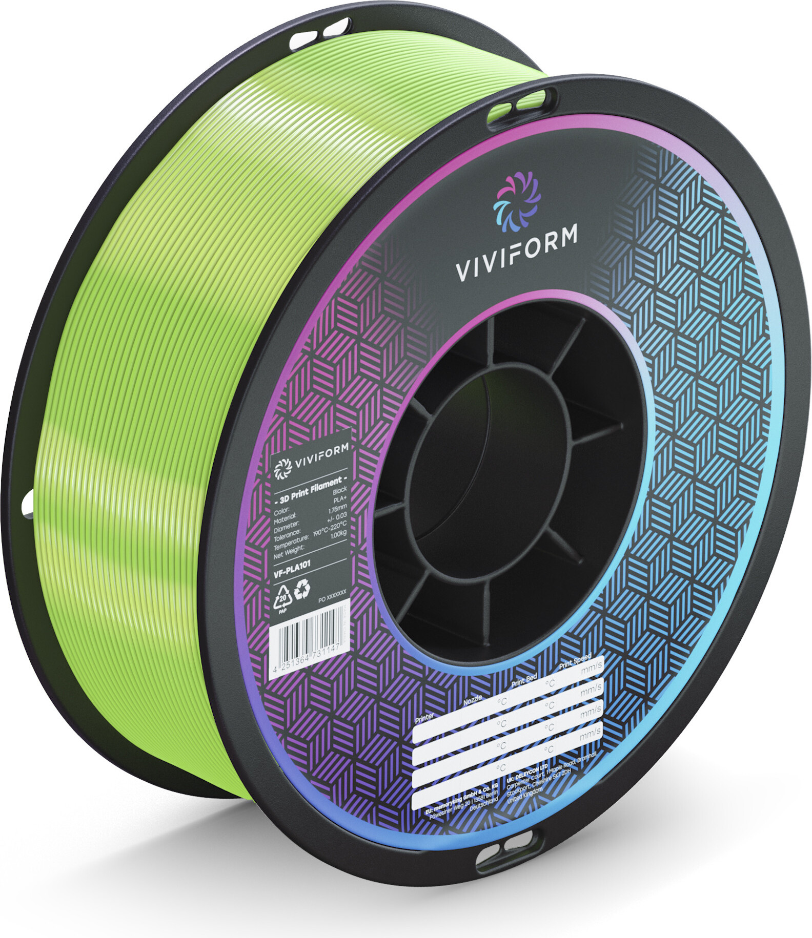 viviform.com Viviform silk PLA Filament für 3D Drucker, 1kg Rolle, Durchmesser 1,75mm +/- 0,03mm, Limetten Grün VF-PLA405