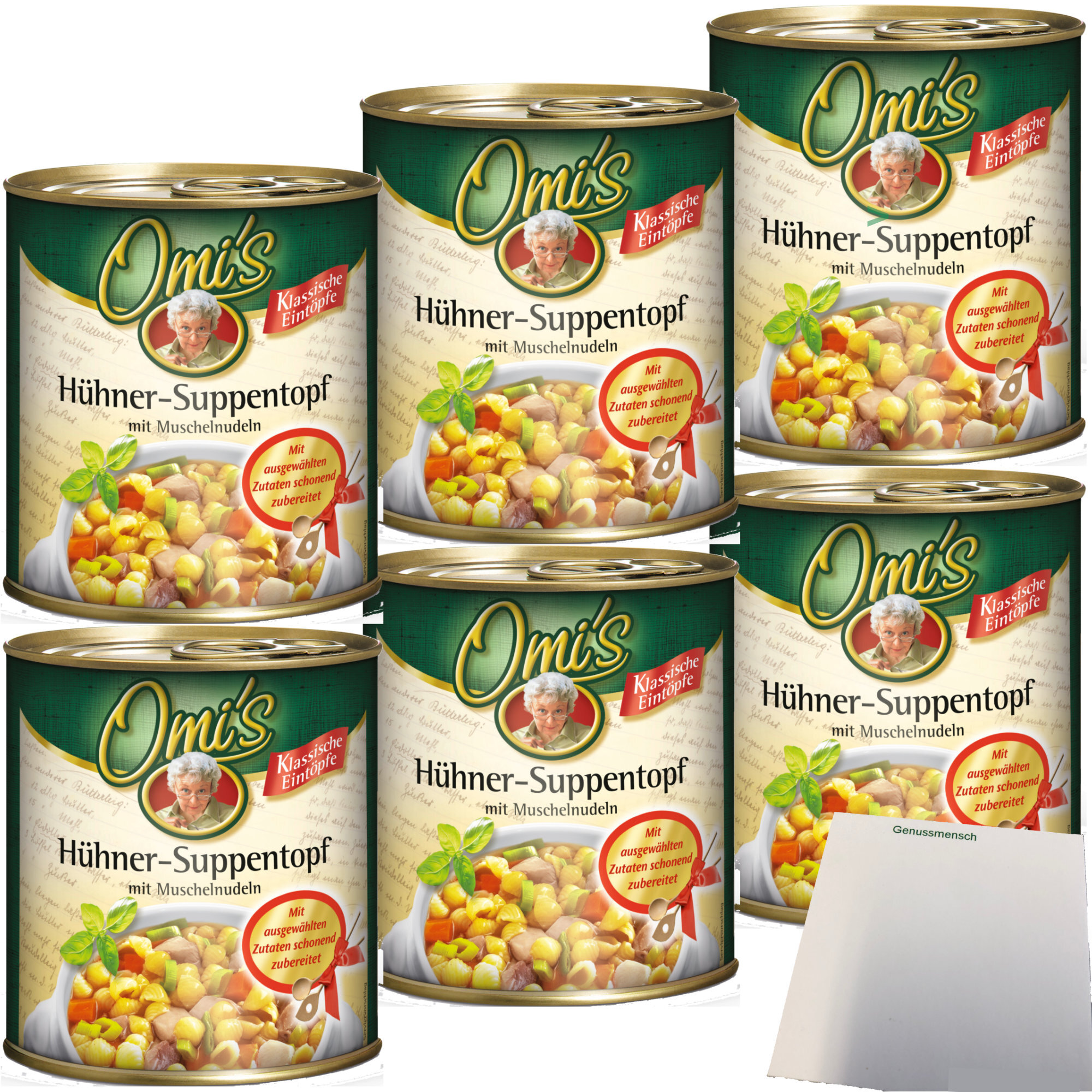 Omi´s Hühner-Suppentopf mit Muschelnudeln 6er Pack (6x800g Dose) + usy Block