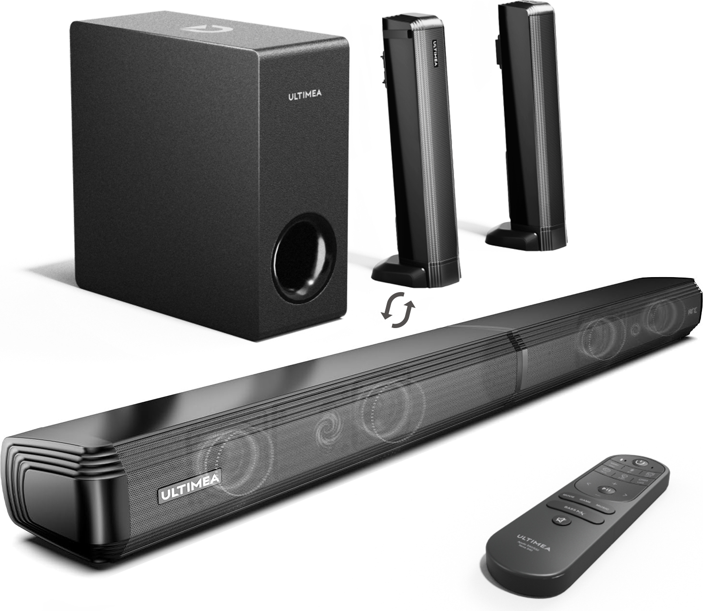 ULTIMEA Soundbar 4.1-kanálový so subwooferom, odnímateľná konštrukcia, Bluetooth 5.3, ARC, optický, AUX a USB, 3 režimy EQ, séria Apollo S50