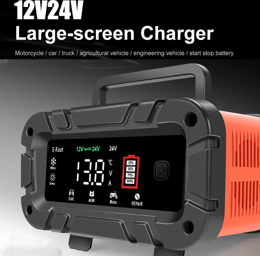 Nabíjačky autobatérií E-FAST 12V/24V Inteligentné impulzné nabíjacie zariadenie na opravu automobilových batérií s LCD digitálnym displejom pre auto