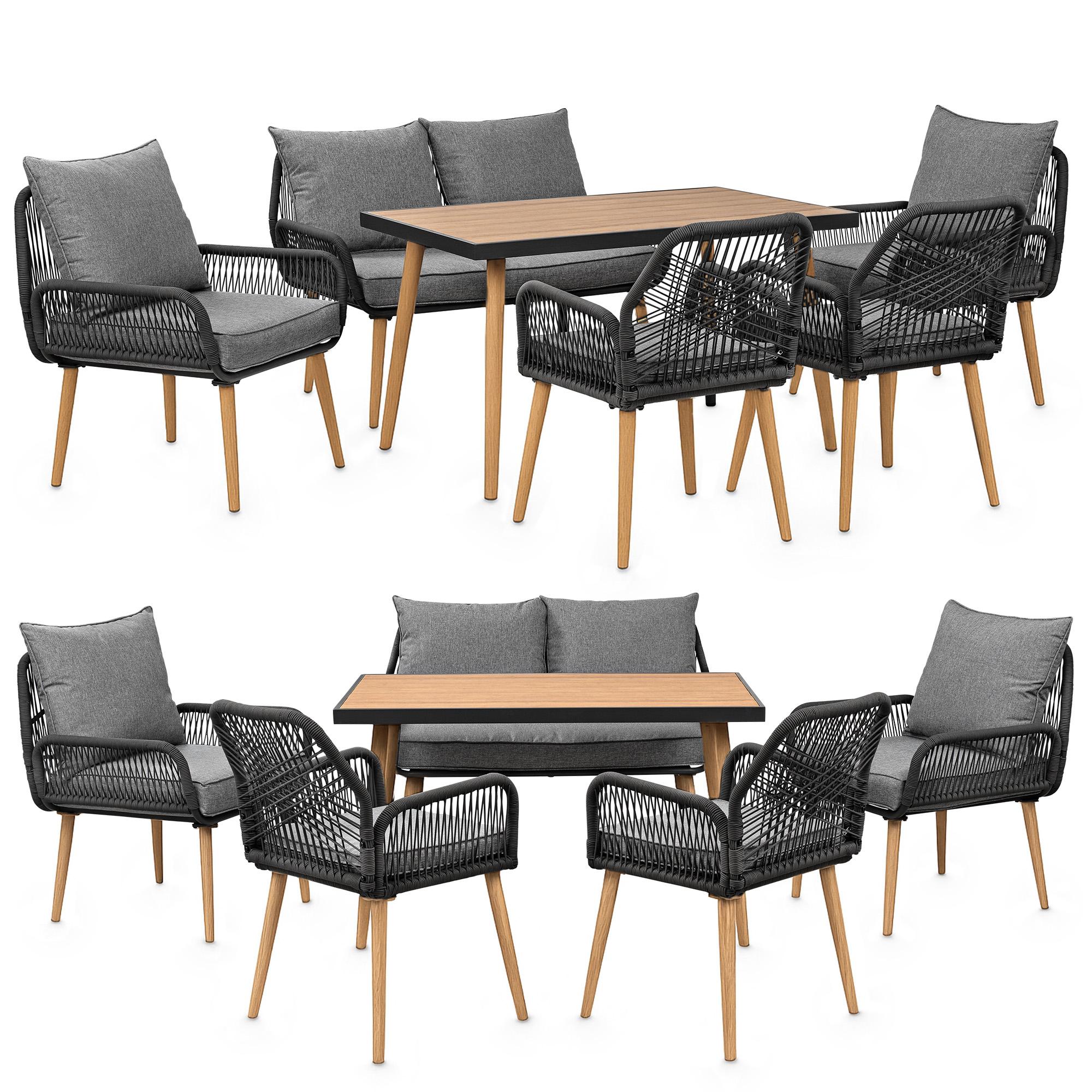 Záhradné sedenie pre 6 osôb so stolom z WPC, pohovkou, stoličkami - odolné voči poveternostným vplyvom - lanové pletivo - sedacie vankúše - vonkajší obývací priestor - antracit/drevo