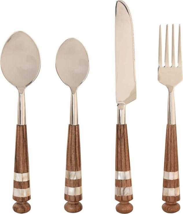 Besteck Home ESPRIT Weiß Silberfarben natürlich Edelstahl Akazienholz 4,5 X 2 X 21 CM 16 Stücke