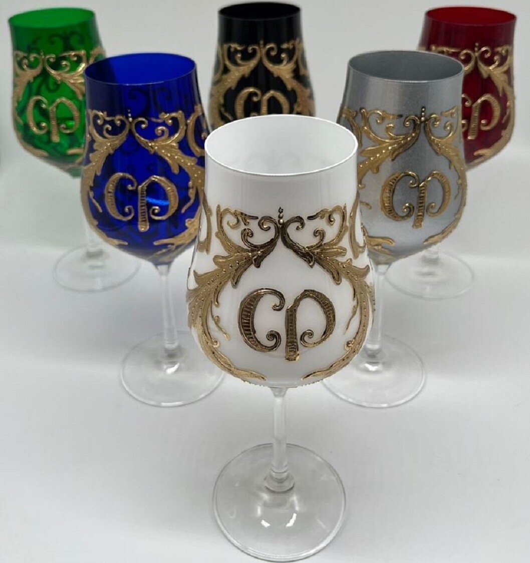 Demotex GmbH Casa Padrino Luxus Barock Weinglas Set Bunt / Gold - Weingläser mit 24 Karat Vergoldung