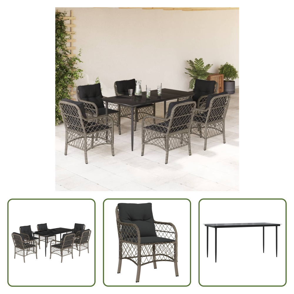The Living Store 7-dielny záhradný jedálenský set s vankúšmi sivý polyratan