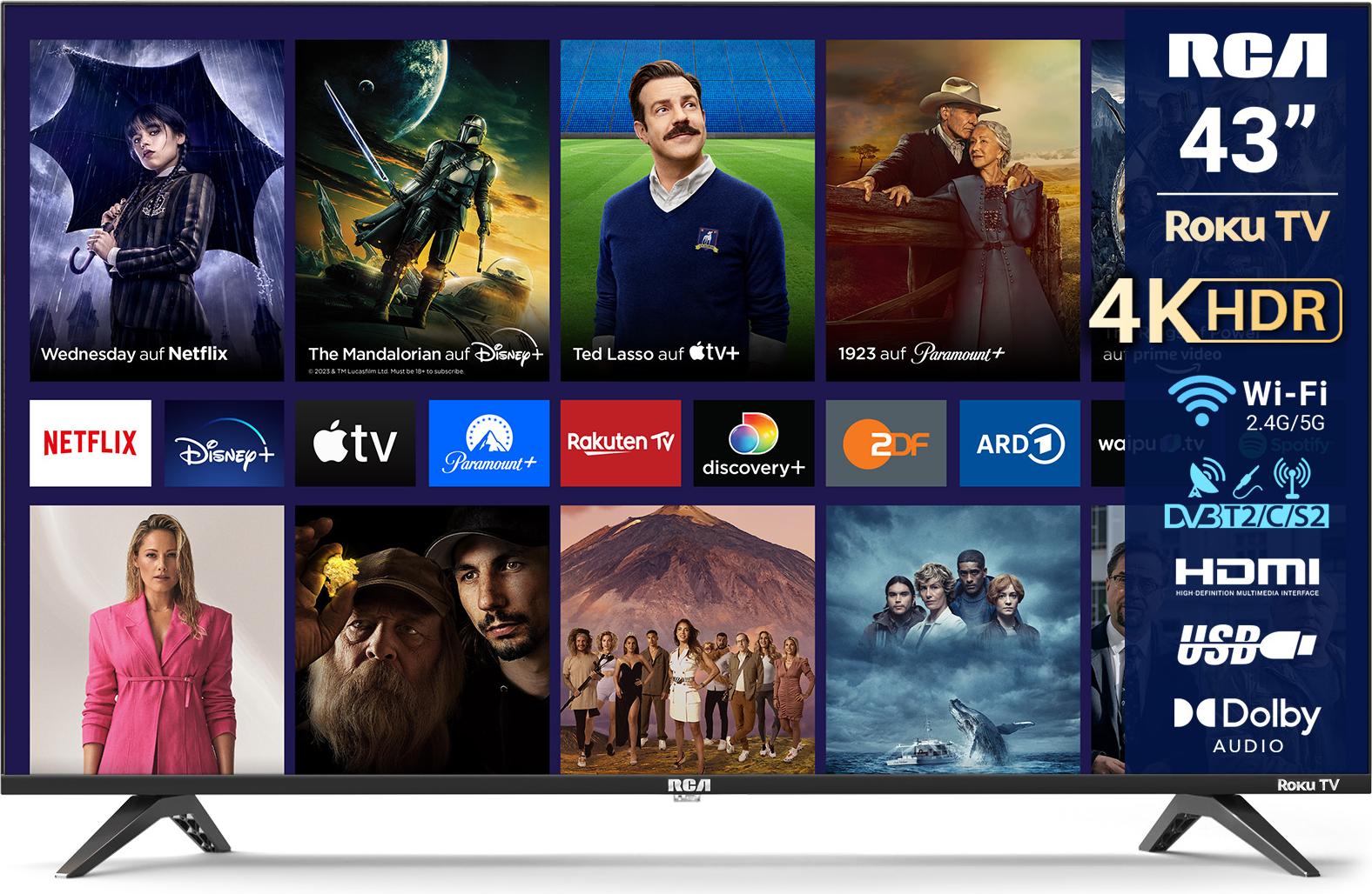 RCA Roku Smart TV – LED UHD 4K – 43 palcov/110 cm – bezrámový dizajn – trojitý tuner DVB-T/T2/S/S2/C – HDMI x3, USB x2, CI+ – vyrobené v Eindhovene, Holandsko – RK43UN1