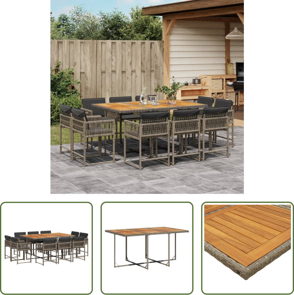 The Living Store 11-dielny záhradný jedálenský set s vankúšmi sivý polyratan