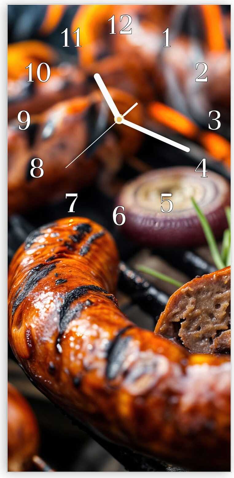 Primedeco Wanduhr aus Glas mit Motiv Grillwurst B B Q- 30 x 60 cm - inkl. Aufhängesystem