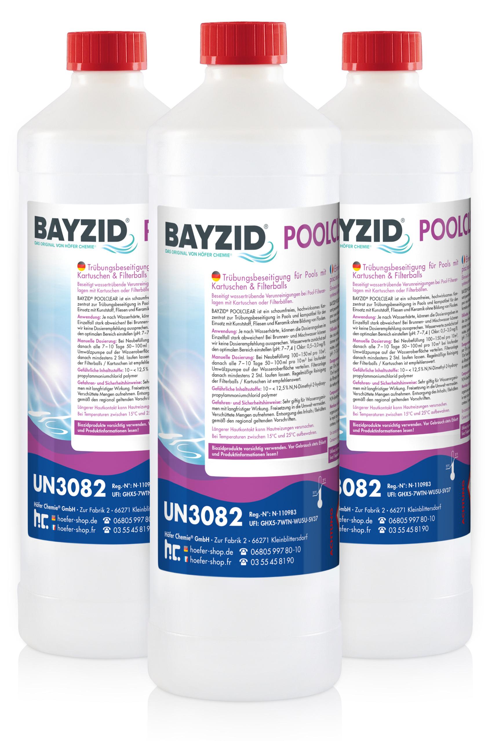 Höfer Chemie 3x1 L BAYZID® Poolclear Trübungsbeseitigung für Pool-Filter mit Kartuschen & Filterballs
