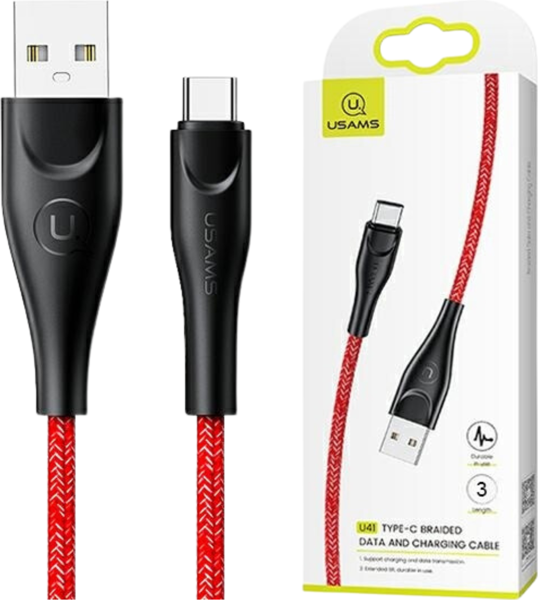 Usams Pletený Kábel U41 Usb-C 3M 2A Červený/Červený Sj398Usb02 (Us-Sj398) Rýchle Nabíjanie