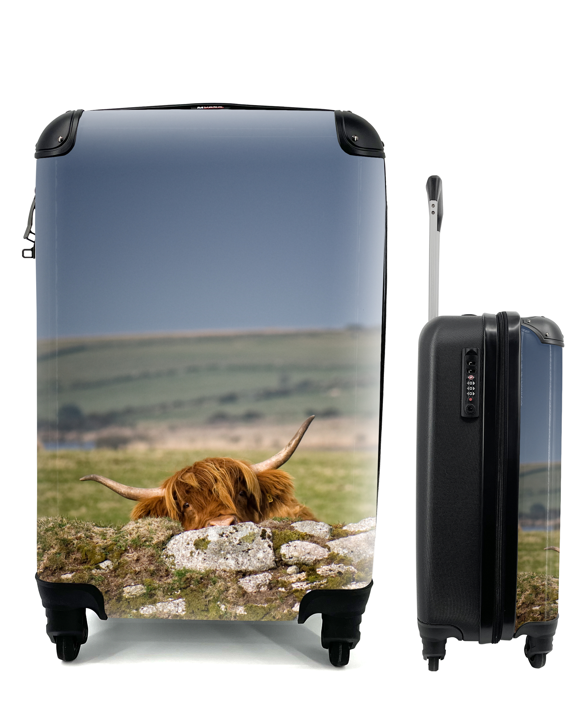 MuchoWow® Koffer Handgepäck Trolley Rollkoffer Kleine Reisekoffer mit 4 Rollen - Schottische Highlander - Steine - Gras - Cabin Size < 55x40x23 cm & 55x40x20 cm - Fotokoffer - Kabinenkoffer - Boardgepäck - Reise-Box - Reisekoffer - Reisegepäck - Koffer mit Bild - Trolley für Kinder 68|298978661