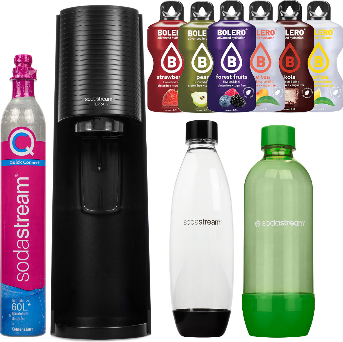 Výrobník sódy SodaStream Terra Black + 2 fľaše Black/Green + Bolero